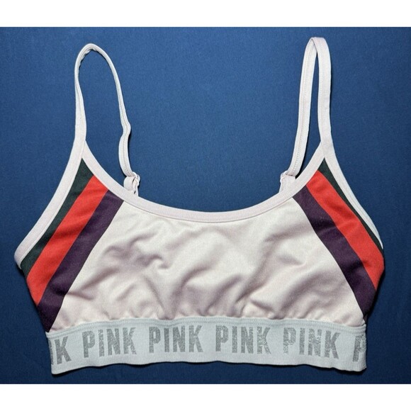 PINK Victorias Secret Sports Bra XS Multicolor Stripe Logo Band Bralette - Picture 1 of 10